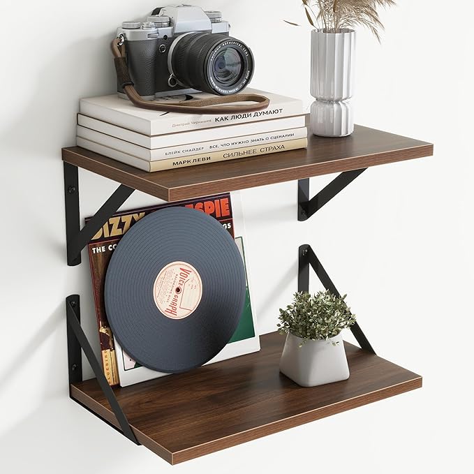 8" Deep Floating Shelves for Wall,16 inch Wood Wall Shelves Set of 2,Wide Floating Bookshelf with Sturdy Metal Brackets,Hanging Storage Floating Shelf for Living Room,Bedroom,Bathroom,Office,Walnut
