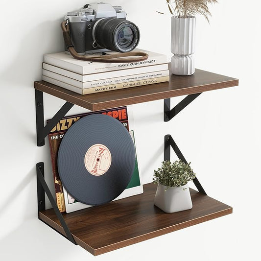 8" Deep Floating Shelves for Wall,16 inch Wood Wall Shelves Set of 2,Wide Floating Bookshelf with Sturdy Metal Brackets,Hanging Storage Floating Shelf for Living Room,Bedroom,Bathroom,Office,Walnut