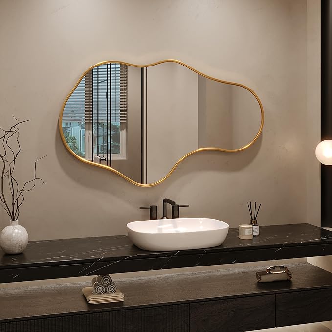 Irregular Wall Mirror - Gold Wall Mirrors Decorative 24"x 40" Wavy Asymmetrical Abstract Mirror Aviation Aluminum Alloy Frame Unique for Vanity, Entryway, Bathroom, Bedroom, Living Room, Cloakroom