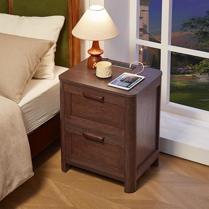 Farmhouse Nightstand Set of 2 with Charging Station, End Tables Bedroom with 2 Large Drawers & 4 Thickened Table Legs, Walnut