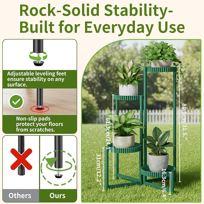 4-Tier Metal Plant Stand Indoor Outdoor, Corner Tall Plant Shelf for Multiple Plants, Foldable Plant Stand, Heavy Duty Flower Stand Holder for House Living Room Balcony Garden Patio -GreenFloroma