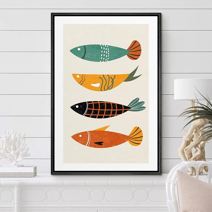 Woodrose Framed Canvas Print Wall Art Mid-Century Pattern Ocean Fish Animals Shapes Illustrations Modern Minimalist Chic Relax/Calm Multicolor for Living Room, Bedroom, Office - 24"x36" Black