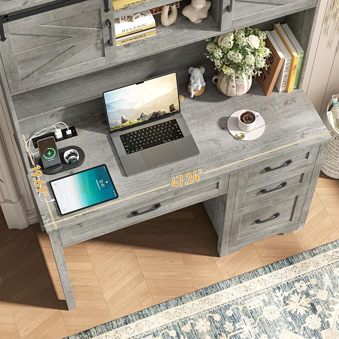 Vabches Farmhouse 67" H Executive Desk with Hutch,Office Table with LED Light and 5 Drawers,Computer Desk with Charging Station,File Drawers and Storage Cabinet,Workstation for Home Office.Grey