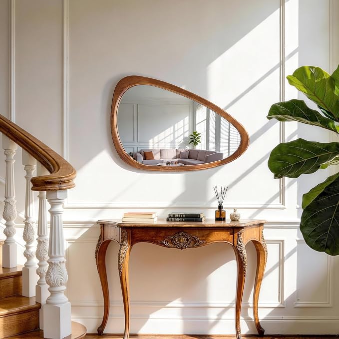 30" x 20" Asymmetrical Wall Mirror with Brown Wood Frame, Irregular Wall Mirror for Bedroom Entryway Living Room, HD Tempered Glass, Horizontal or Vertical Hanging