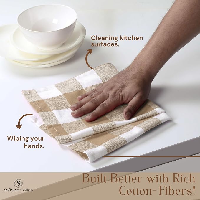 Buffalo Check 4 Pack Kitchen Towels, 16x26 Inches, Classic Farmhouse Plaid Dish Towel, 100% Cotton, Absorbent, Washable for Drying Dishes, Cleaning, Everyday Kitchen Use, Beige White