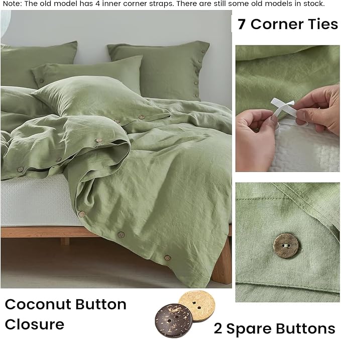 Simple&Opulence 100% Linen Duvet Cover Set 3pcs with Coconut Button Closure Natural French Washed Flax Solid Color Soft Breathable Farmhouse Bedding - Sage Green, King Size