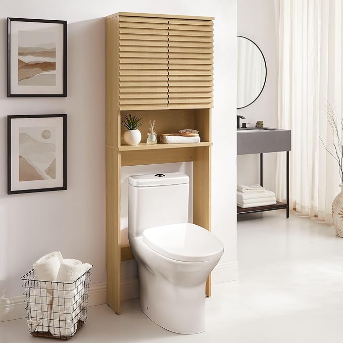 Modway Render Over The Toilet Storage Cabinet in Oak - Modern Bathroom Organizer with Open Shelf, 2 Soft-Close Doors, Wall Cabinet for Above Toilet Storage - Linen Cabinet with Adjustable Shelves