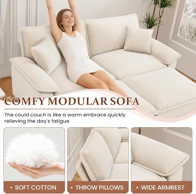 Modular Sectional Sofa Cloud Couch, Comfy Corduroy Loveseat with Ottoman Upholstered Deep Seat Sleeper Sofa Bed 2 Seater Couch Oversized Chaise Lounge Chair Indoor for Living Room Bedroom, Beige