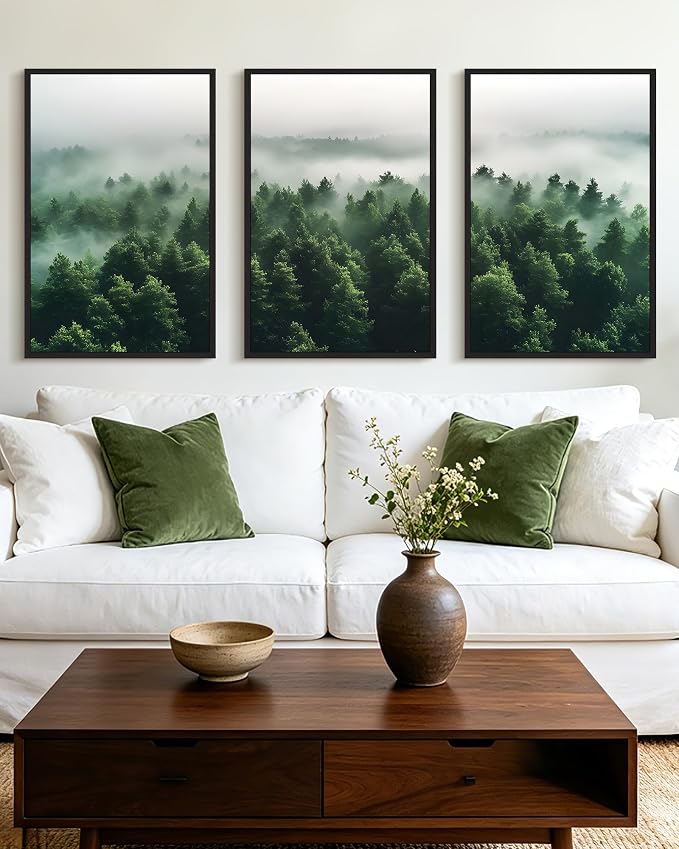 KUVIOKE Green Fog Pine Tree Framed Wall Art Nature Nordic Misty Forests Artwork Morden Painting Bedroom Decor 24x36in (Black Framed)