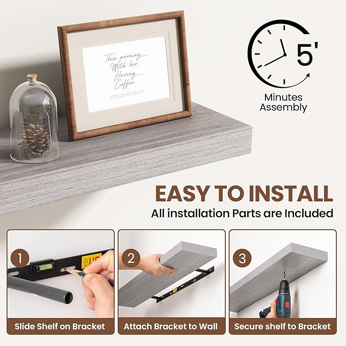 48 Inch Floating Shelves for Wall 2 Pack, 48" Wall Shelves for Books, Storage, Decor, Wall Mounted Floating Shelf with Invisible Brackets for Kitchen, Living Room, Gray