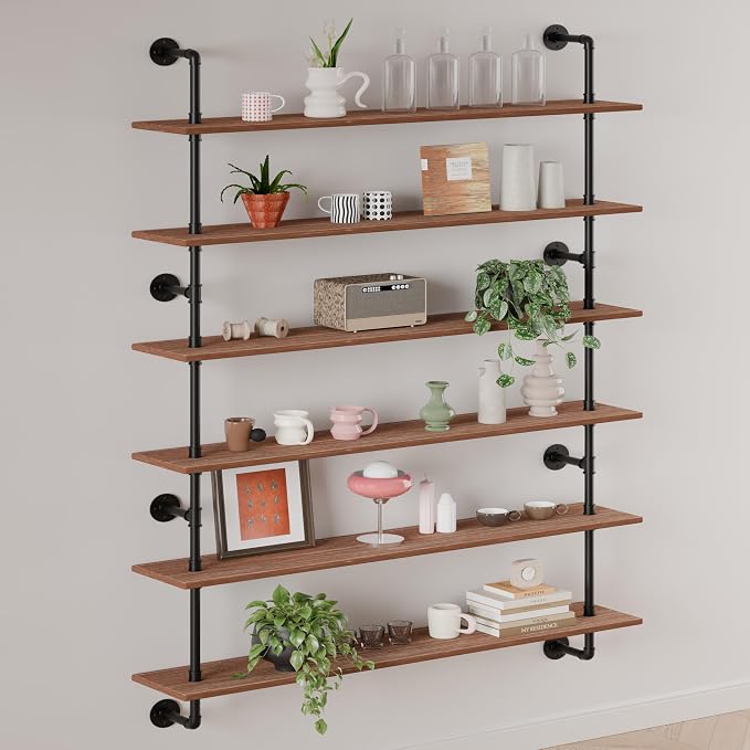HDDFER 48 InchPipe Bookshelf Floating Shelves for Wall Shelves Bookshelf Industrial Pipe Shelving Shelves Real Wood Planks Rustic Hanging Shelves Farmhouse Kitchen Bar Shelving