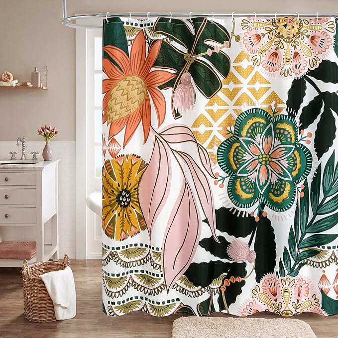 MitoVilla Boho Floral Long Shower Curtain Set 72 x 78, Flower Fabric Shower Curtains 78 inch Long for Chic Rustic Bathroom Decor, Vintage Bathroom Shower Curtain with Tropical Leaves