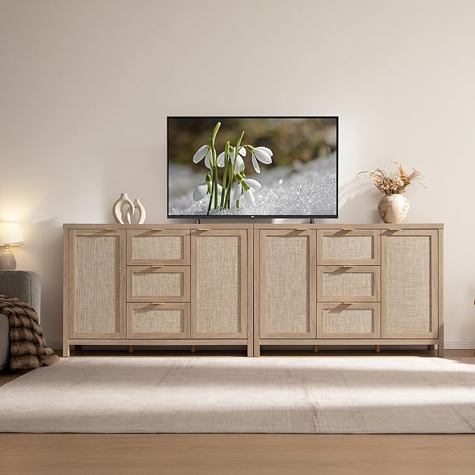 SICOTAS Rattan Large Sideboard Buffet Cabinet with Storage - Boho Coffee Bar Storage Cabinet with 3 Drawers and 2 Doors, Console Table Credenza for Living Room, Kitchen, Hallway, Light Oak (2 Pieces)