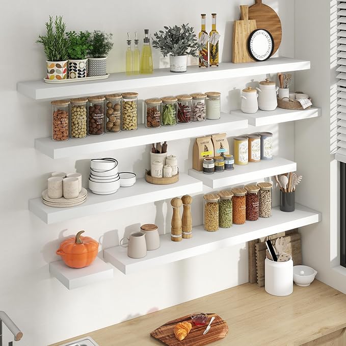 48 Inch Floating Shelves for Wall, 8 Inch Deep Floating Shelf for Storage & Display, Rustic Wall Mounted Shelf with Invisible Brackets for Living Room, Kitchen, Bathroom, Home Decor, Set of 2, White