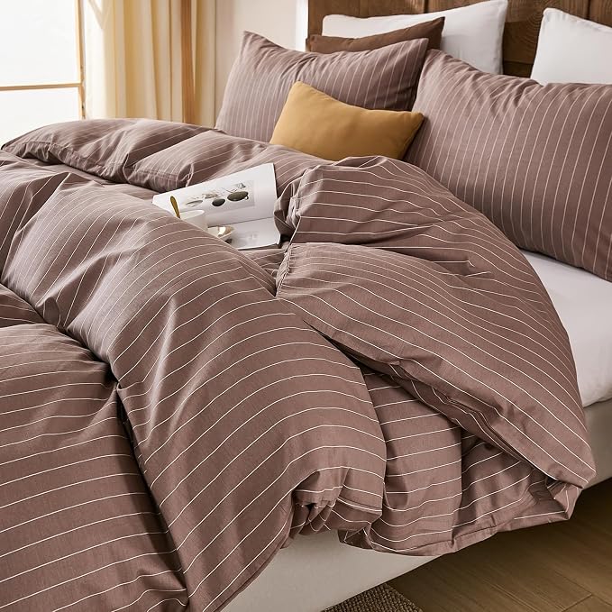 Merryword 100% Cotton Duvet Cover Set Queen Size, Brown Pinstripe Bedding Set with 2 Pillowcases, Soft Breathable Comforter Cover, Natural Cotton Linen Like Bedding Set for Cozy Home Bedroom