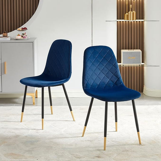 Navy Blue Velvet Dining Chairs Set of 2 - Upholstered Kitchen & Dining Room Chairs with Metal Legs, Mid-Century Modern Accent Chair for Living Room Kitchen Bedroom