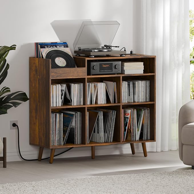 Cozy Castle Large Record Player Stand with Vinyl Storage Cabinet, Wood Turntable Table Open Shelf Holder Up to 500 Albums Cube Storage Organizer for Living Room, Office, Rustic Brown