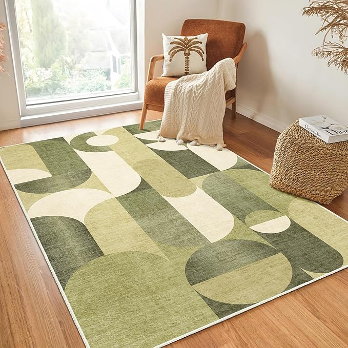 Green Rug 4x6.5 Washable Area Rugs for Bedroom Living Room Kitchen Entryway Bedside,Modern Geometric Non Slip Small Carpet