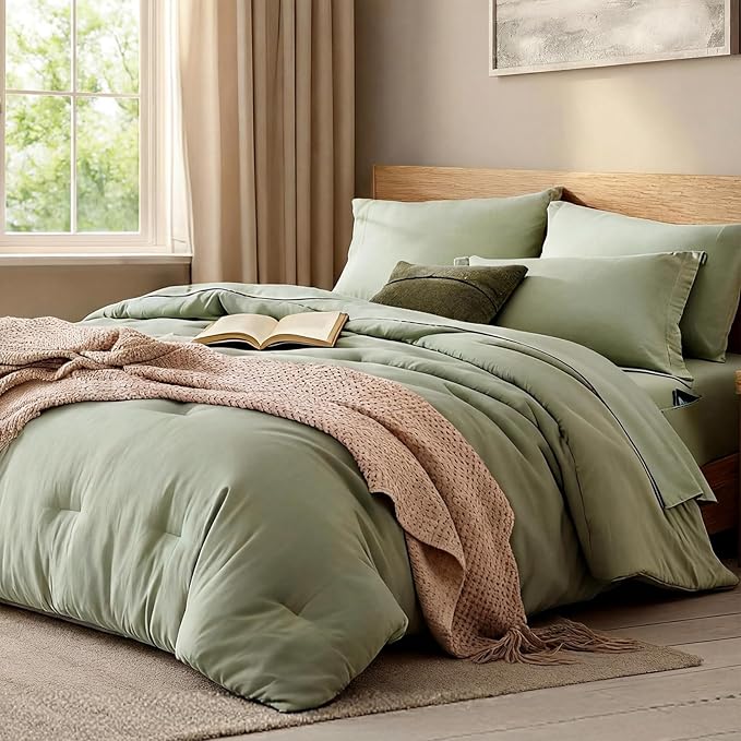 WRENSONGE Full Size Comforter Sets- 7 Pieces Sage Green Bed in a Bag Full Size Bedding Sets with Fitted Sheet, Flat Sheet, 2 Pillow Shams, 2 Pillowcases