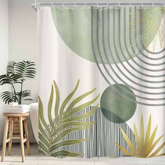 KOMLLEX Mid Century Mint Green Boho Shower Curtain for Bathroom Decor 72Wx78H Inches Abstract Modern Plant Botanical Minimalist Arch Sun Neutral Fabric Waterproof Polyester 12 Pack Hooks