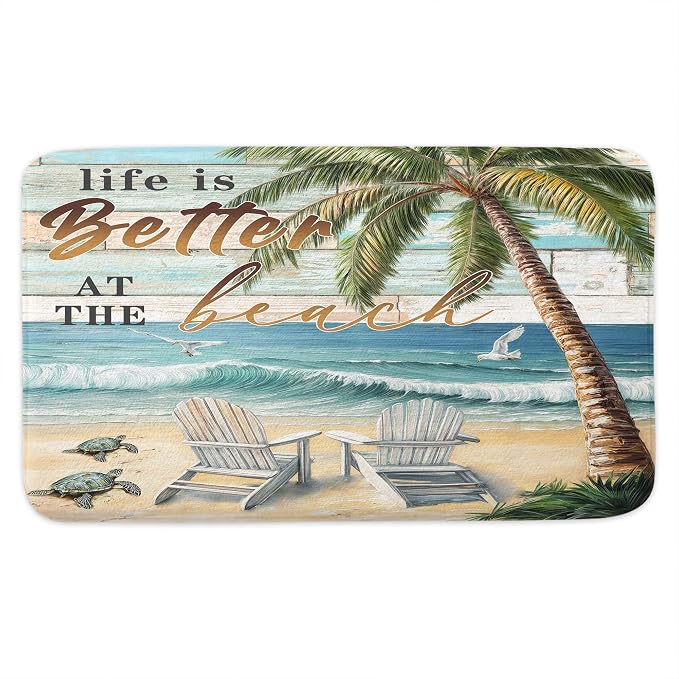 Beach Sea Turtle Seagull Palm Tree Ocean Bathroom Rugs Mat, Non Slip Rustic Beach Bath Rugs for Bathroom, Durable Rustic Wooden Flannel Mat Rug, Absorbent Water Mats for Laundry Room Kitchen,19X31