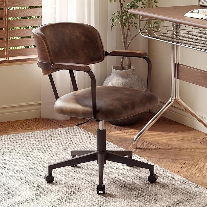 Mid-Century Modern Desk Chair with Walnut Bentwood Design,Retro Home Office Chair with Adjustable Height,360°Swivel,Smooth Rolling Casters,Small Computer Chair PU Leather (Brown)