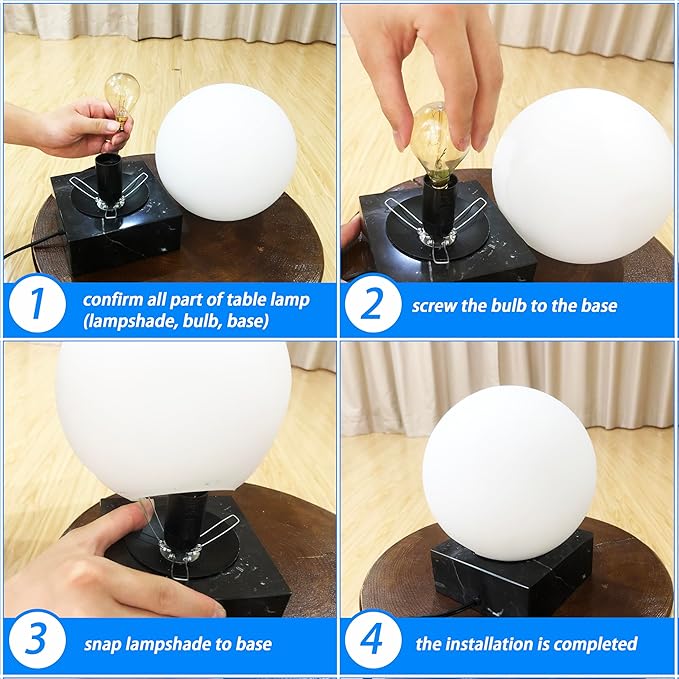 FLORNIA Globe Tble Lamp, Modern Industrial Round Table Lamp, Unique Bedside Nightstand Desk Lamp with Glass Shade and Marble Base for Bedroom, Living Room, Office Study, Decoration (Include Bulb G45)