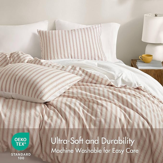 Madison Park Duvet Cover Set for Hot Sleepers - Linen Cotton Rayon Blend, Cal King Size 3 Piece Set with Shams - Lightweight & Breathable Bedding, Terracotta Striped Design