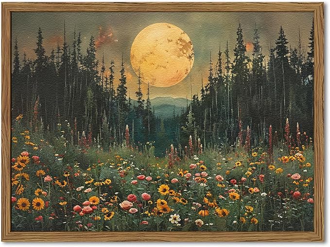 Vintage Forest Moon Wall Art, Nature Pine Tree Woodland Wall Decor Paintings, Dark Cottagecore Landscape 3D Textured Hand Drawn Sandstone Artwork for Bedroom Living Room 16x24 inch Wood Framed