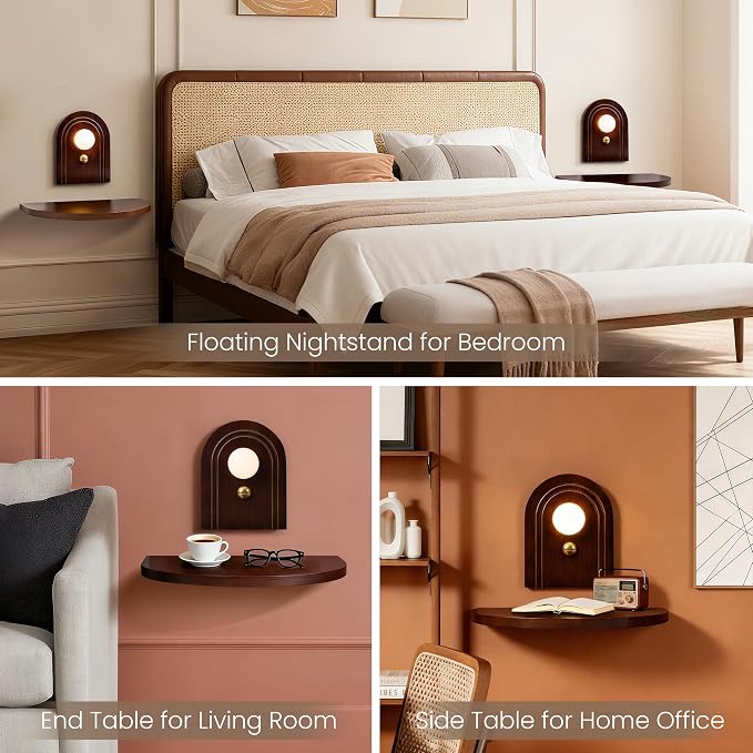 AELS Mid-Century Modern Floating Shelf with Rechargeable Type-C LED Wall Light, Space-Saving Wooden Wall Mounted Bedside Shelf for Bedroom or Dorm, Brown