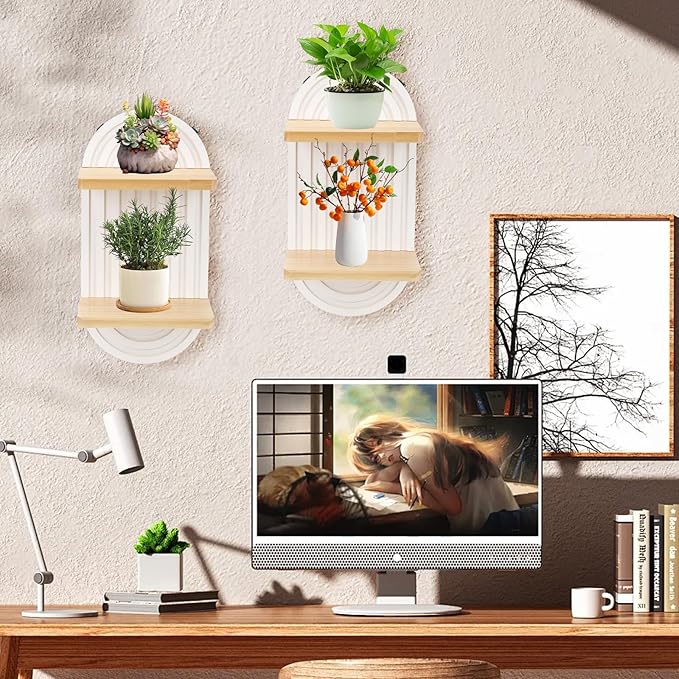 Qivine Boho Wall Shelf 2 Pcs 2 Tier Shelves for Room Wall Wood Floating Shelf with Arched Wood Design Wall Mounted for Living Room, Bedroom, Bathroom Decor (White, 2-Tier)
