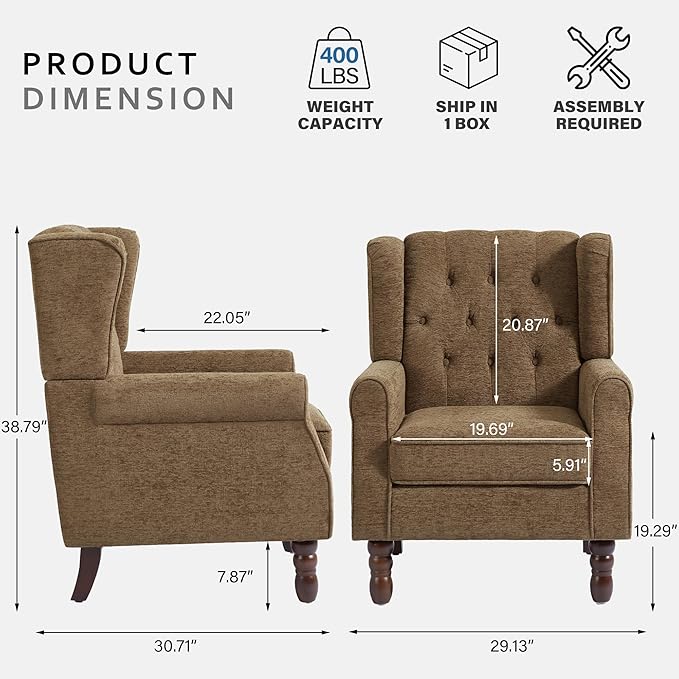 Accent Chairs Set of 2, High Back Upholstered Chair with Button Tufted, Mid-Century Modern Comfy Wingback Chair Reading Armchair in Fabric for Living Room for Bedroom, Office-Brown
