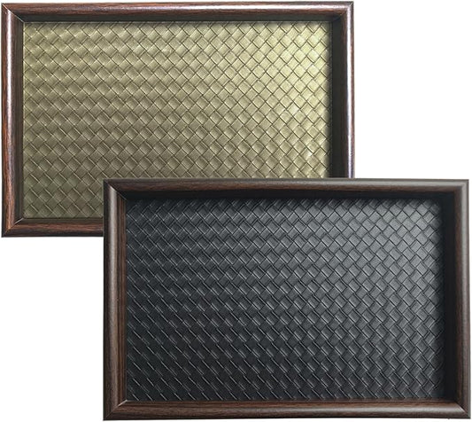 11.8x7.9 Desk Organizer Tray Wooden Storage with Leather Base, Versatile Tray Table for Nightstand Entryway Vanity Desktop(Black+Green)