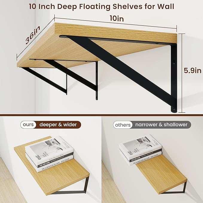 Axeman Deep Floating Shelves | 36 Inch Oak Wall Shelves Set of 2 | 10 Inch Deep Wood Floating Shelves for Wall | 36" W x 10" D Oak Shelves for Living Room Bathroom Kitchen