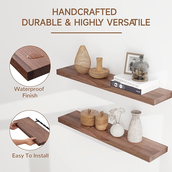 Axeman Walnut Floating Shelves - 24 Inch Wide x 8 Inch Deep USA-Sourced Walnut Wood Shelves Set of 2 - Natural Wooden Shelves with Heavy-Duty Bracket, Wall Mounted for Room Wall Decor
