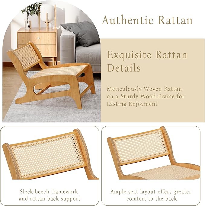 Chogori Mid Century Modern Wooden Lounge Chair Armless Rattan Accent Chair Lightweight Boho Style Seating Comfortable Single Chair for Living Room, Bedroom, or Patio (Natural-Oak, Set of 2)