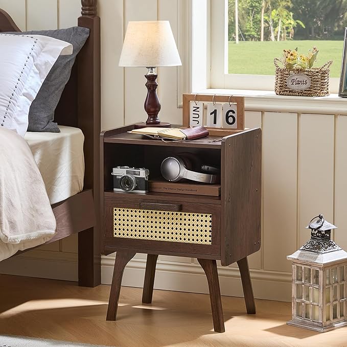 Lerliuo Rattan Nightstand, Bedside Table with Drawer Open Shelf, Cane Accent Side End Table with Solid Wood Legs, Walnut Vintage Night Stand for Bedroom, Dorm and Small Spaces
