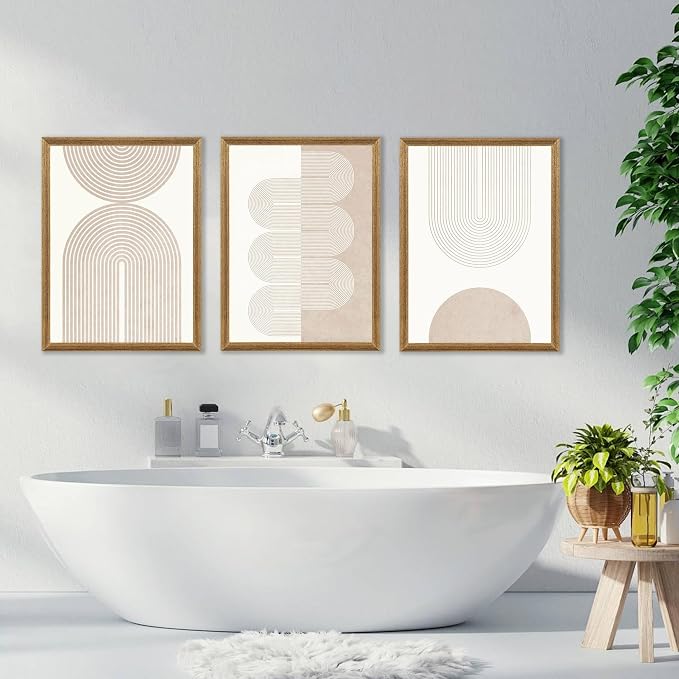 PicturePerfect Decor Wall Art 3 Piece Set, 16x24Inch Geometric Line Prints, Neutral Abstract Canvas Triptych for Living Room Bedroom Office Hallway, Mid-Century Modern Decor with Wood Frame