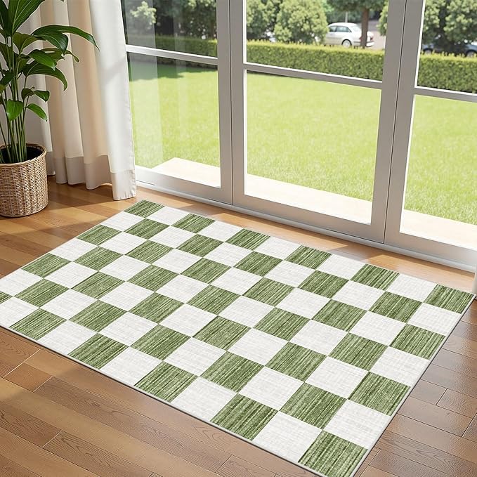 Green White Checkered Entry Rug - 3x5 Ft Non-Slip Washable Indoor Outdoor Front Door Mat Outside Entrance Porch Rug Geometric Rugs for Living Room Bedroom Entryway Kitchen Office Porch Decor