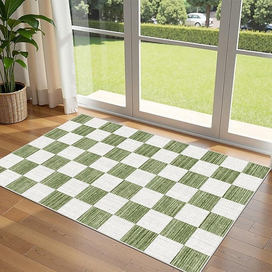 Green White Checkered Entry Rug - 3x5 Ft Non-Slip Washable Indoor Outdoor Front Door Mat Outside Entrance Porch Rug Geometric Rugs for Living Room Bedroom Entryway Kitchen Office Porch Decor