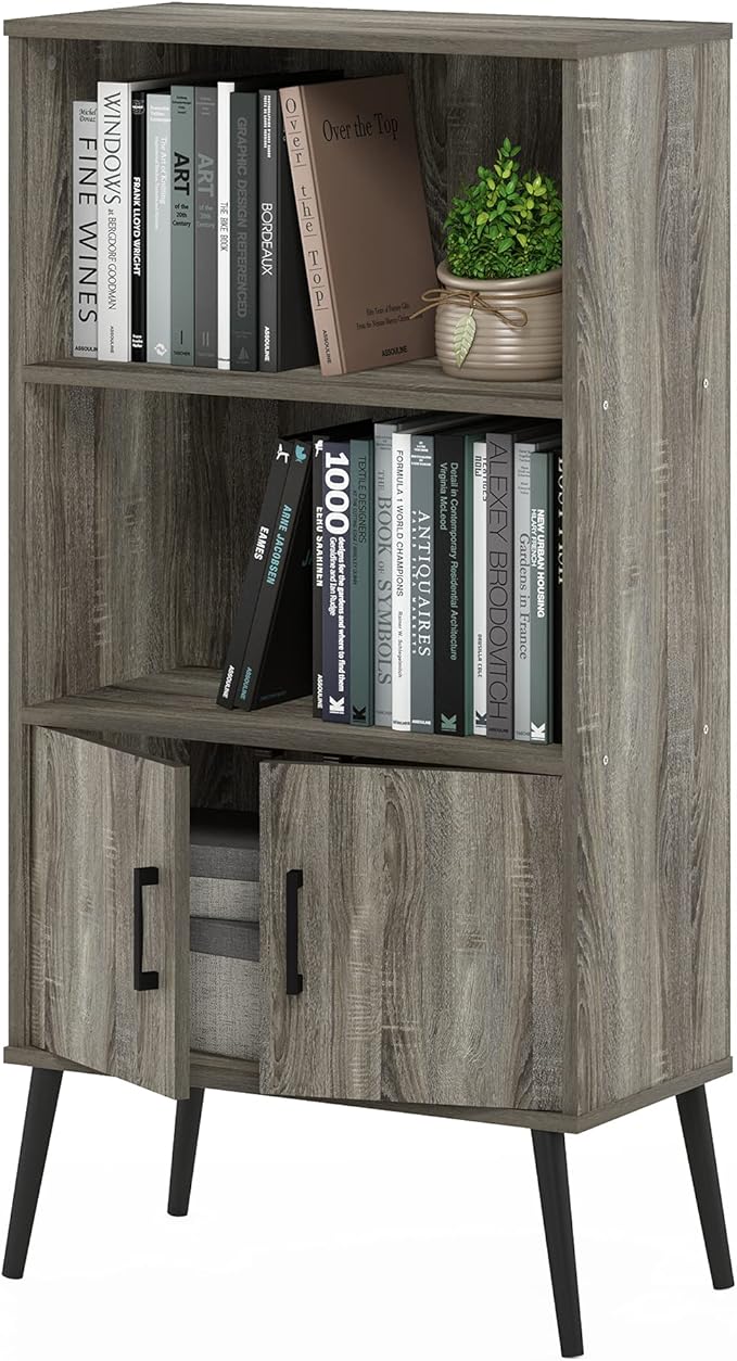 Furinno MIDCENTURY Storage Shelves, Mid-Century Style Accent Storage Cabinet with Doors and Shelves, Bookshelf with Legs, for Living Room, Home Office, Grey Oak