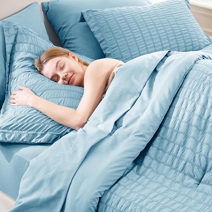 CozyLux Full Size Comforter Sets Sky Blue, 7 Pieces Seersucker Textured Luxury Bed in a Bag, All Seasons Soft Bedding Sets with Down Alternative Comforter, Sheets, Pillowcases & Shams, Home Gift