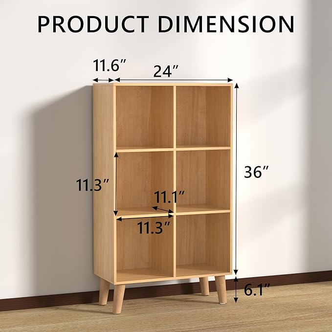 6 Cube Storage Organizer with Legs, 3 Tier Cube Low Bookcase Freestanding Storage Display Organizer for Home Office, Six-Cubes Open Shelf Bookshelf (Natural Oak, 6 Cube Vertical)
