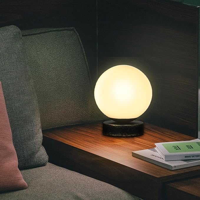 FLORNIA Globe Tble Lamp, Modern Industrial Round Table Lamp, Unique Bedside Nightstand Desk Lamp with Glass Shade and Marble Base for Bedroom, Living Room, Office Study, Decoration (Include Bulb G45)