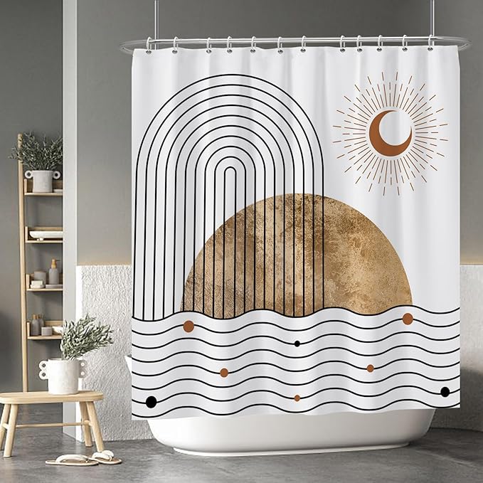 Baocicoo Boho Mid Century Shower Curtain Abstract Wave Shine Crescent Abstract Sun and Moon Shower Curtain for Bathroom Cubicle Durable Fabric Waterproof Curtain for Bathroom with Hooks 72x78 Inches