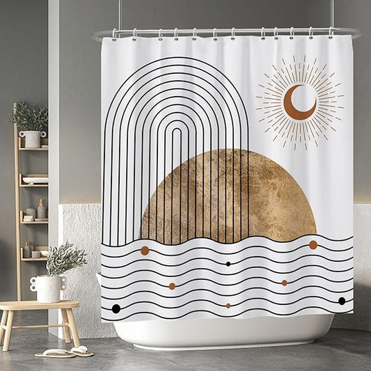 Baocicoo Boho Mid Century Shower Curtain Abstract Wave Shine Crescent Abstract Sun and Moon Shower Curtain for Bathroom Cubicle Durable Fabric Waterproof Curtain for Bathroom with Hooks 72x78 Inches