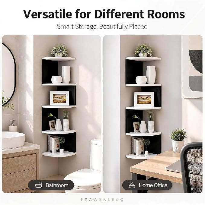 No-Drill Corner Shelf Wall Mount, 5-Tier Floating Corner Bookshelf with Hooks, Space-Saving Zigzag Plant Shelf for Bedroom, Living Room, Bathroom, Home Office(White & Black)