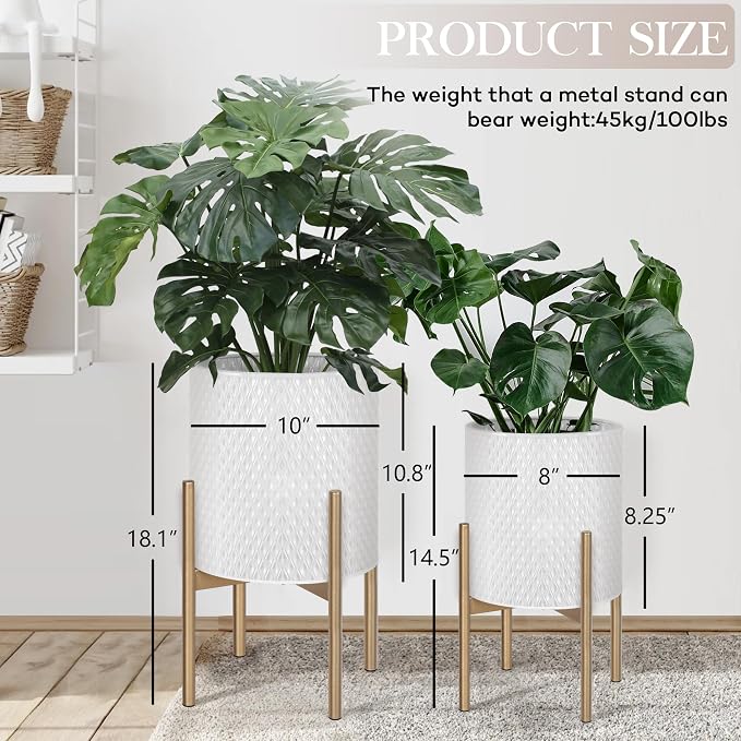 Oakrain Planters for Indoor Plants, Set of 2 Modern Planter with Stand, Decorative Metal Planter Pots for Living Room, Office, Garden, Balcony, 8"&10", Off-White