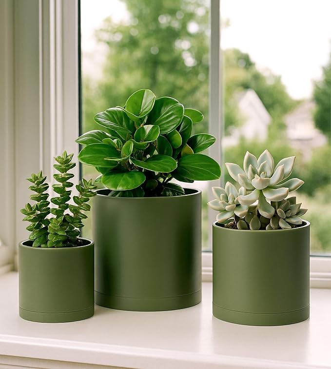 D'vine Dev 4 Inch 5 Inch 6 Inch, Set of 3 Plastic Planter Pots for Plants with Drainage Hole and Seamless Saucers, Olive, Small, 74-V-I-1
