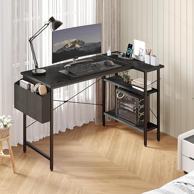 DUMOS 39" Corner Gaming Desk, L Shaped Computer Desk with 3AC+2USB+1Type-C Power Strip, Storage Shelves & Side Hanging Fabric Organizer, Black Gaming Workstation for Home Office and Bedroom